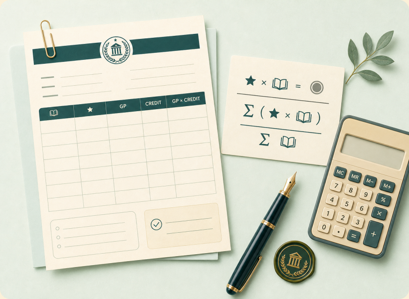 Transcript, formula note and calculator on a desk